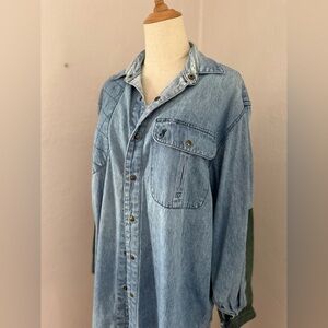 Vintage Oversized Denim Button-Up Shirt with Green Elbow/forearm patches